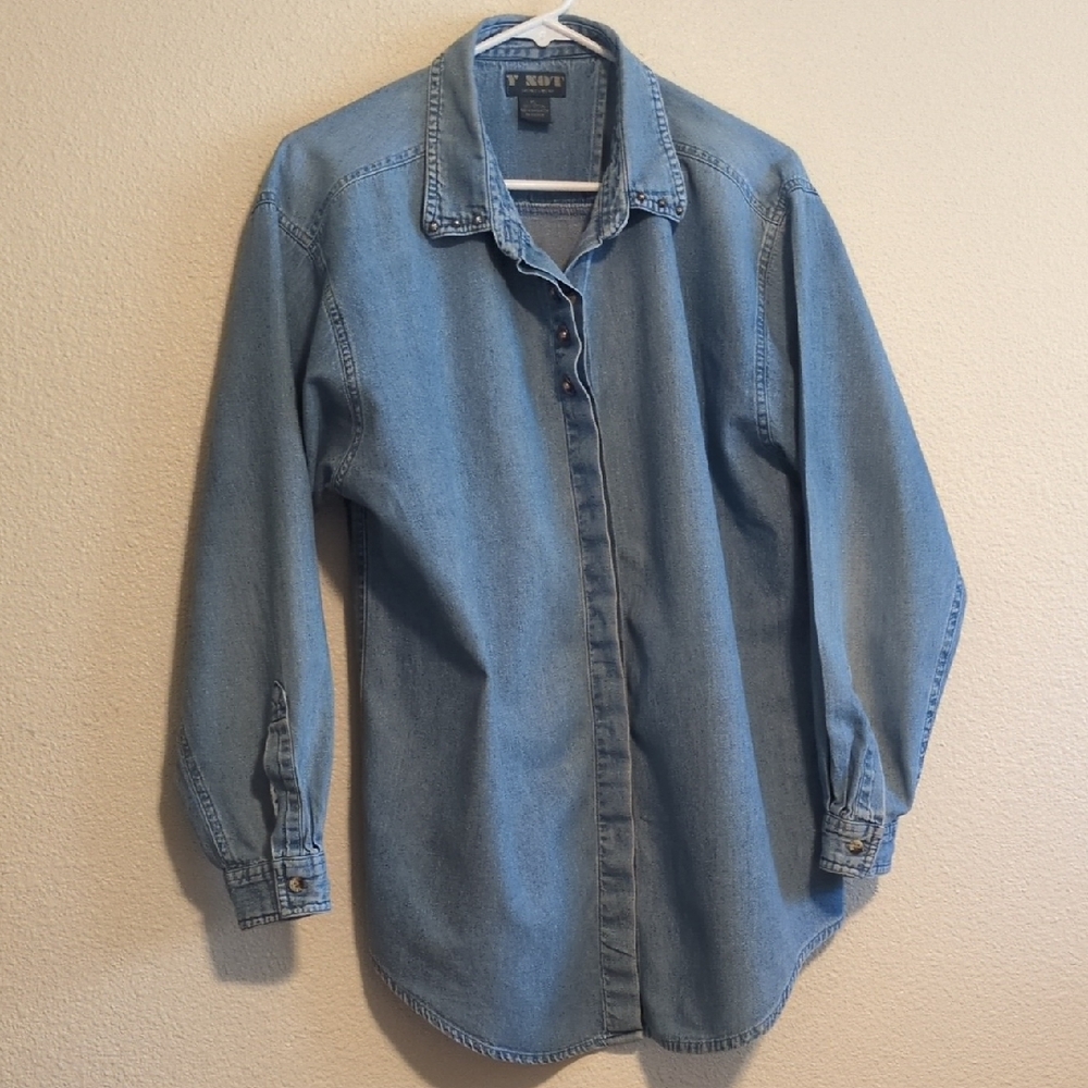 Y Not Sportswear Women's Blue Denim Ling-Sleeve Button-Up ShirtSize XL